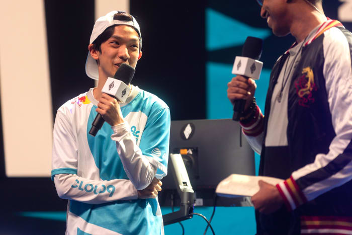 Robert "Blaber" Huang of Cloud9 is interviewed after competing during week 3 of the 2023 LCS Spring Split at the Riot Games Arena on February 9, 2023. (Photo by Robert Paul/Riot Games)